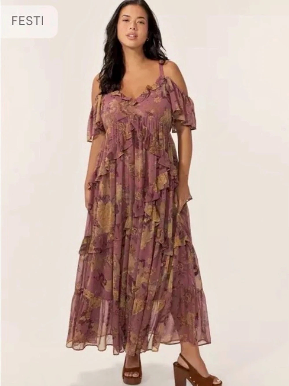 Torrid Festi Flutter Sleeve Cold Shoulder Chiffon Ruffle Maxi Scrolled Floral